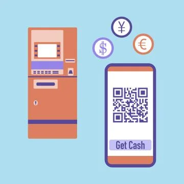 Phone with qr code, ATM cash withdrawal. Vector Stock-Illustration