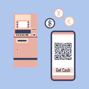 Phone with qr code, ATM cash withdrawal. Vector 스톡 일러스트