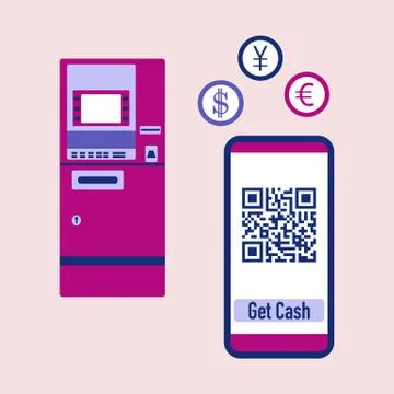 Phone with qr code, ATM cash withdrawal. Vector Illustrazione stock