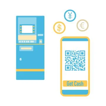 Phone with qr code, ATM cash withdrawal. Vector 스톡 일러스트
