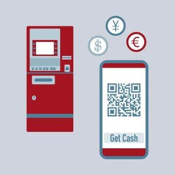 Phone with qr code, ATM cash withdrawal. Vector 스톡 일러스트