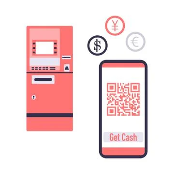 Phone with qr code, ATM cash withdrawal. Vector Stock-Illustration