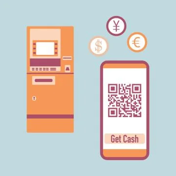 Phone with qr code, ATM cash withdrawal. Vector Stock-Illustration