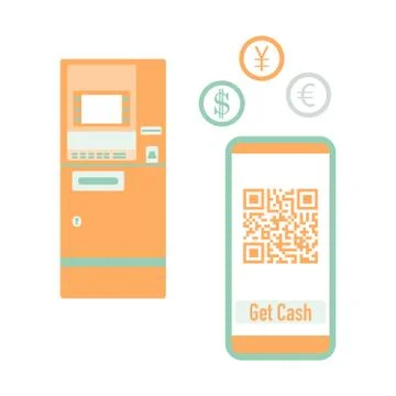 Phone with qr code, ATM cash withdrawal. Vector Stockillustratie