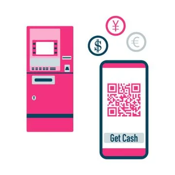 Phone with qr code, ATM cash withdrawal. Vector Stock-Illustration