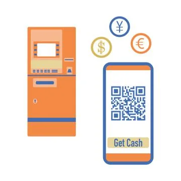 Phone with qr code, ATM cash withdrawal. Vector Illustrazione stock