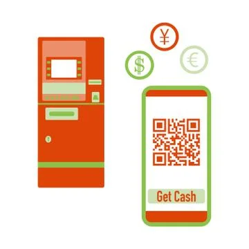 Phone with qr code, ATM cash withdrawal. Vector Stock-Illustration