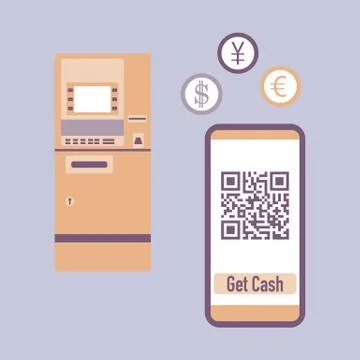 Phone with qr code, ATM cash withdrawal. Vector Stock-Illustration