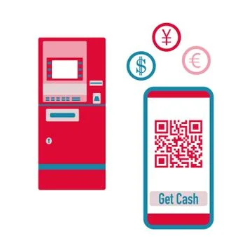 Phone with qr code, ATM cash withdrawal. Vector 스톡 일러스트