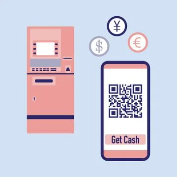 Phone with qr code, ATM cash withdrawal. Vector Stock-Illustration