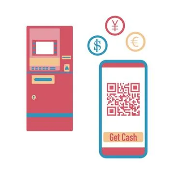 Phone with qr code, ATM cash withdrawal. Vector Stock-Illustration