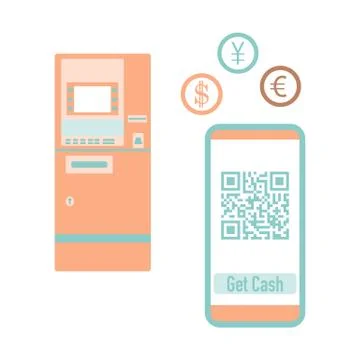 Phone with qr code, ATM cash withdrawal. Vector Illustrazione stock