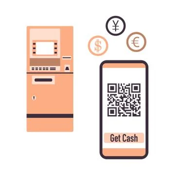 Phone with qr code, ATM cash withdrawal. Vector Stock-Illustration