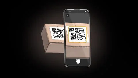 Phone qr code scanning on box delivering, black background Foto stock