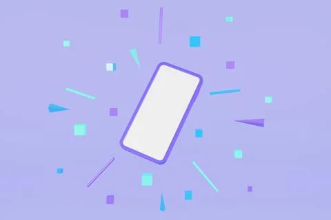 Phone with random floating geometric figures, minimal smartphone mockup. 3D.. Stock Illustration
