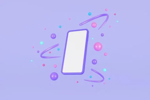 Phone with random floating spheres, minimal smartphone mockup. 3D Rendering Stock Illustration