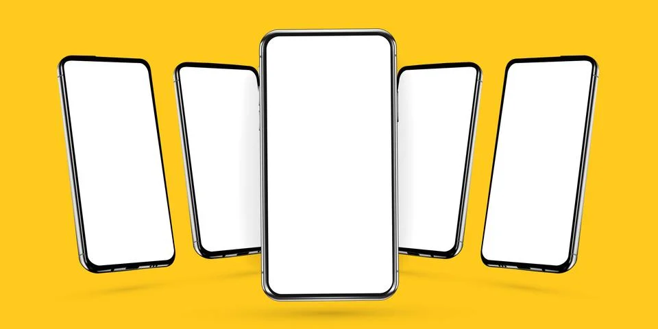Phone realistic perspective mockup of five rotated angled smartphones. Template Stock Illustration