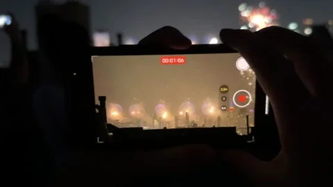 Phone recording 4 of jluy firework show on Manhattan, New York Stock Footage 282831365
