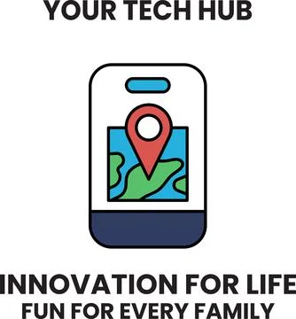A phone with a red dot on it and the words "Your Tech Hub" written below it Stock Illustration