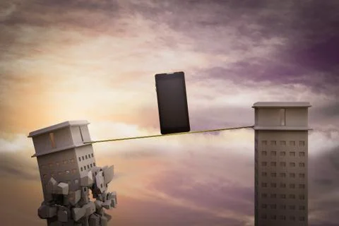 Phone on a rope with one skyscraper ready to collapse. Stock Illustration