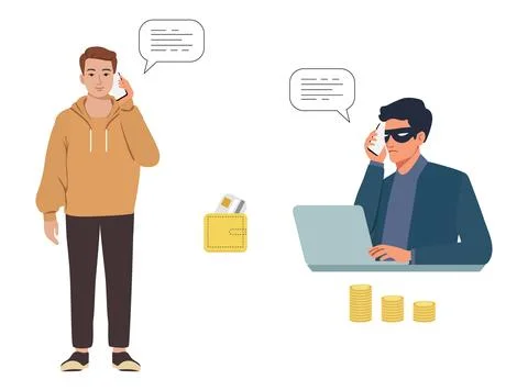 Phone scam concept showing man on phone with masked hacker at laptop, speec.. Stock Illustration