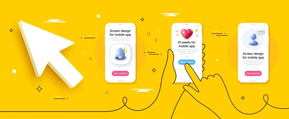 Phone screen banners with 3d click cursor. Continuous line hands hold smart Stock Illustration