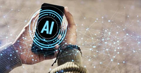 Phone screen, hands and artificial intelligence hologram of software development Stock Photos