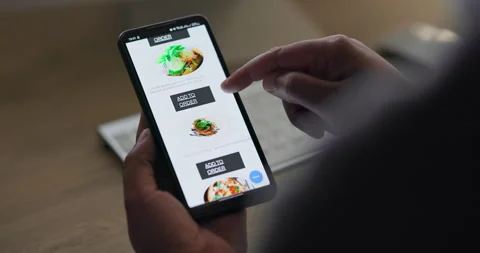Phone screen, hands scroll restaurant menu for food and delivery with e commerce Stock Footage 252647097