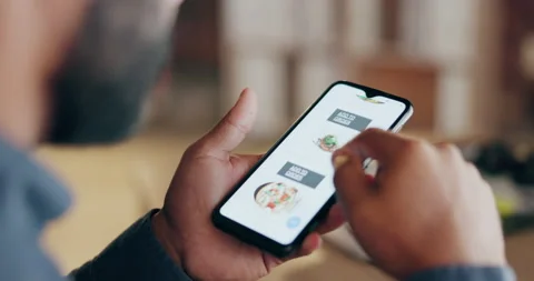Phone screen, man scroll food delivery app and choice, technology and meal Video stock 236364563