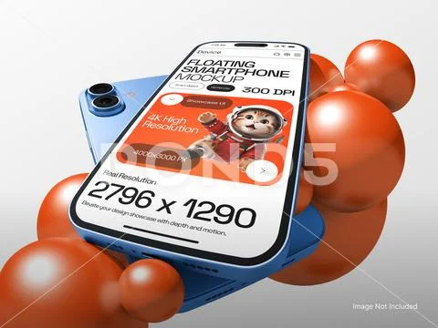 Phone Screen Mockup Floating with Solid Orbs PSD Template