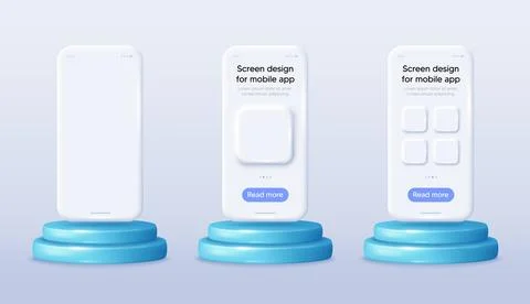 Phone screen mockups on the 3d podium stage. Cellphone templates with frames Illustrazione stock