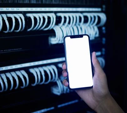 Phone screen, server room and hands of engineering person for data protection Stock Photos