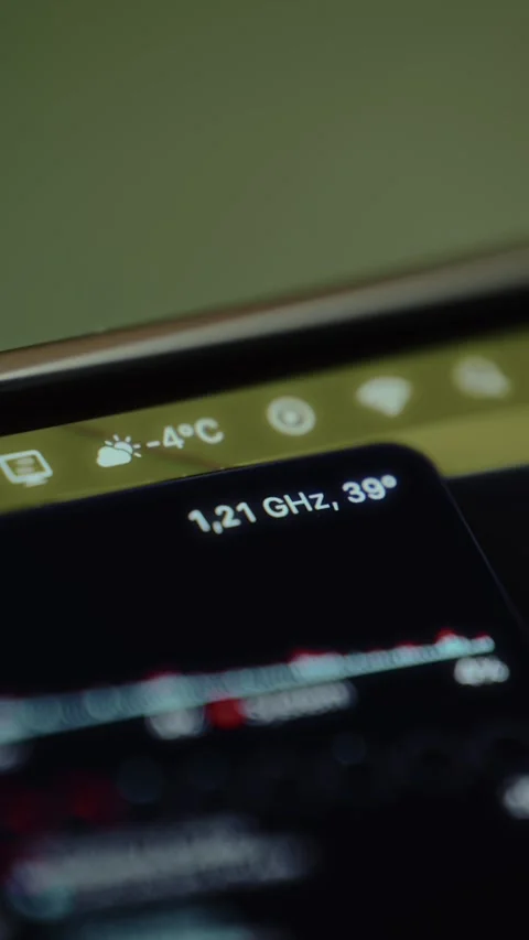 Phone screen showing device s processor speed and internal temperature Stock Footage 327477276