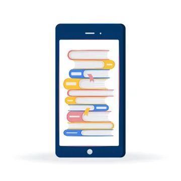 Phone screen with stack of books. Pile of books vector illustration flat style Stock Illustration