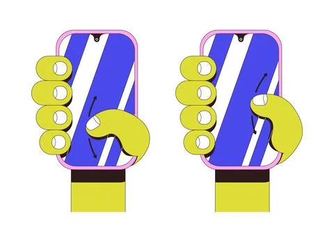 Phone scrolling thumb gesture in vertical mode neubrutalism instruction graph Stock Illustration