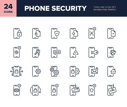 Phone security vector line icon set Stock Illustration
