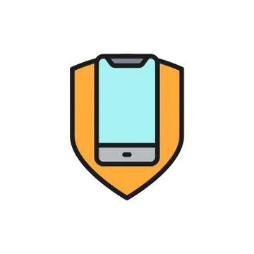 Phone with shield, smartphone protection flat color line icon. Stock Illustration