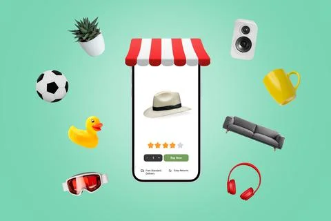 Phone shopp with e-commerce app and flying products around Stock Illustration