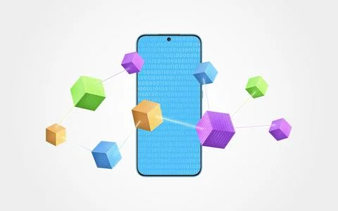 Phone surrounded by flying blockchain cubes with binary code Stockfoto's