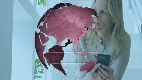 Phone tap starting globe spin, woman lifting phone, globe rotating east showing Stock Footage 333904471