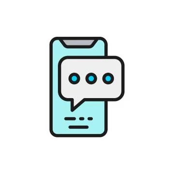 Phone with text bubble, speech chat, message flat color line icon. Stock Illustration