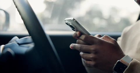 Phone, typing and search with hands in car for navigation app, communication and Stock Footage 334046456