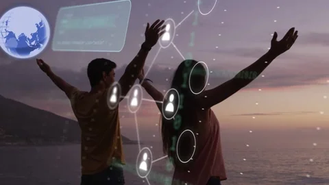 Phone UI appearing pair raising arms on coast user nodes forming over pair Vídeo Stock 333774492