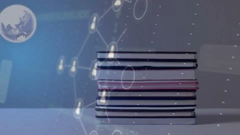 Phone UI panel appearing, notebook stack emitting profile icons and linking Stock Footage 334693913