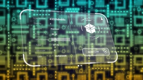 Phone UI receiving order data, forming fields, rotating box, pulsing confirm, Stock Footage 334351929