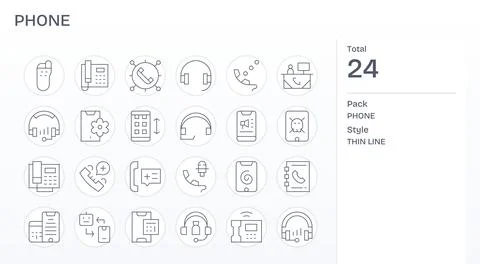 Phone Visual Pack containing 24 Thin Line PIXEL Perfect Vector Icons Stock Illustration