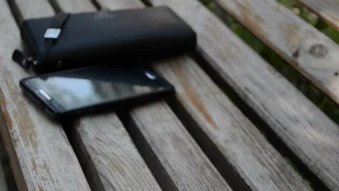 Phone with wallet on the bench Stock Footage 95430299