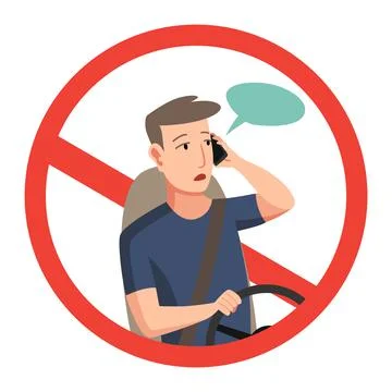 Phone while driving. Safety driving rules. Do not use mobile. Young man talking Stock Illustration