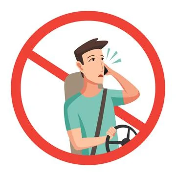 Phone while driving. Safety driving rules. Do not use mobile. Young man talking Stock Illustration