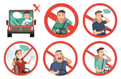Phone while driving. Safety driving rules. Do not use mobile. Man and woman Illustrazione stock